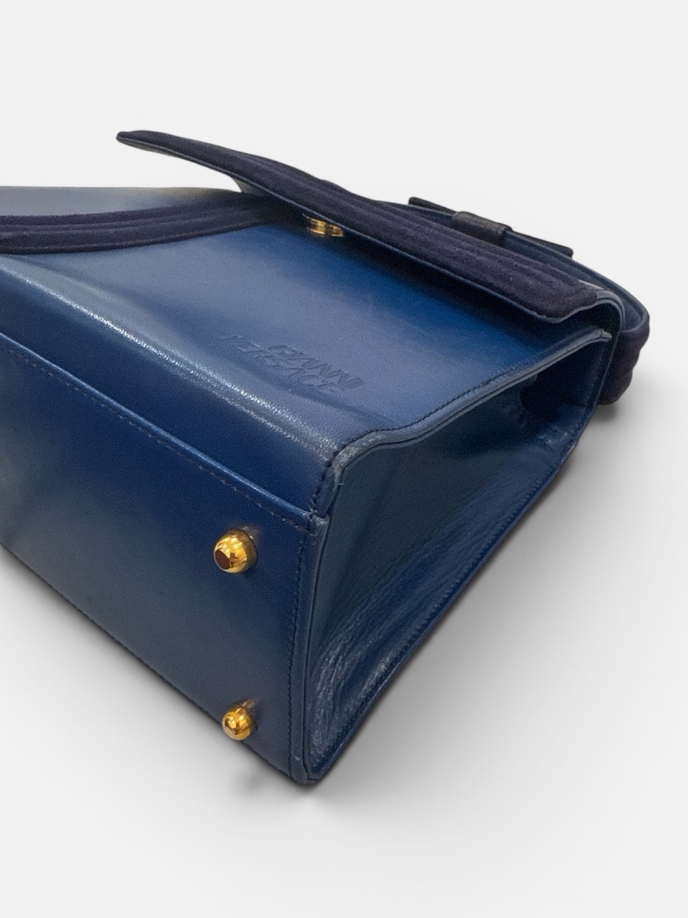 Vintage Gianni Versace blue leather top handle bag ribbon bow - Picture 10 of 16